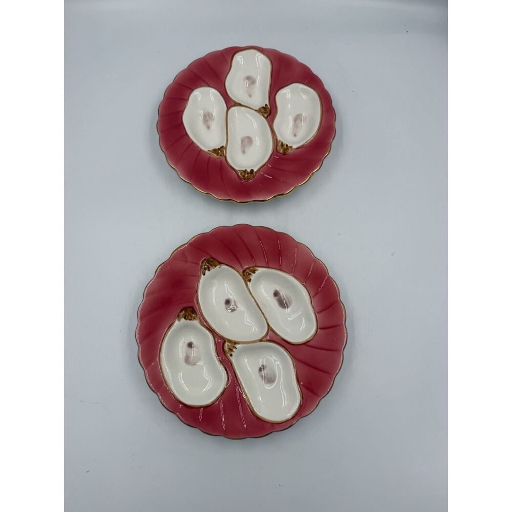 "Abigails Raspberry Pink Oyster Plates Gold Rim Set of 2 Ceramic Majolica Style"
